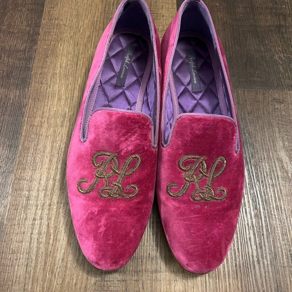 Ralph Lauren Purple Label Alonzo Embroidered Velvet Loafers- Summer Berry- 8 - Picture 3 of 10